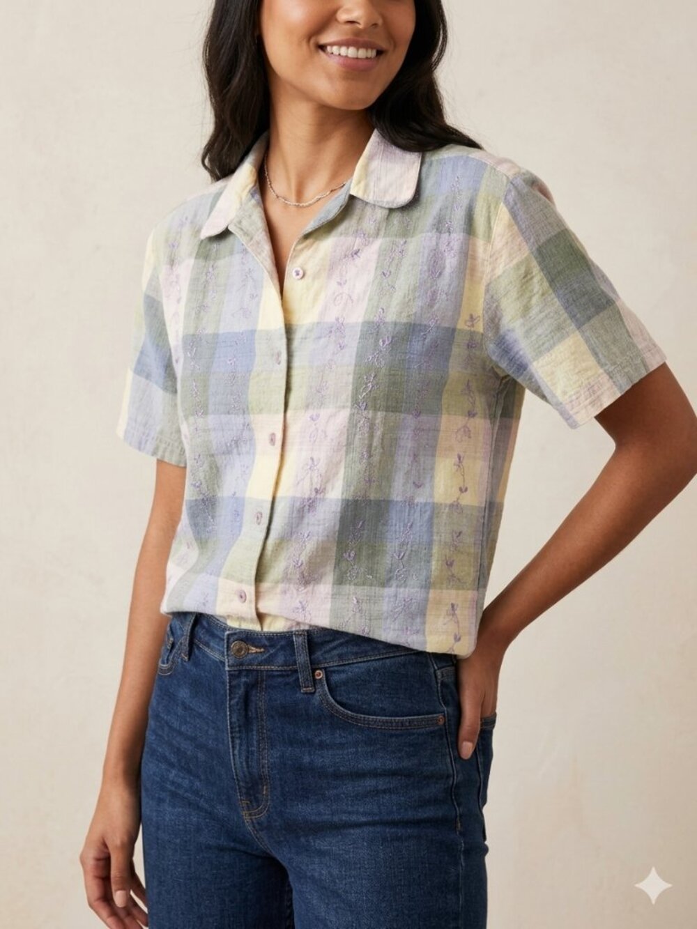 Bobbie Brooks M Vintage Plaid Embroidered Short Sleeve Button Down Shirt Cool